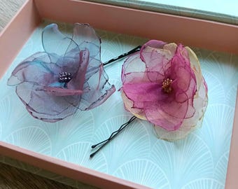 Tiny roses hair pins, Sheer organza fabric burned mini blue flowers, Handmade small bobby pins, Women girls wedding bridemaids fairy boho