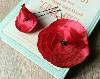Red satin fabric flower hair pin, Wedding rose hair pin, Handmade tiny small floral hair pin, For women girl bridemaids prom fairy boho