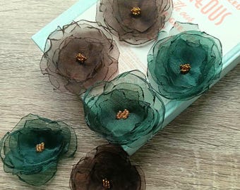 3pcs flowers applique for dresses scrapbooking. Handmade embellish brown green organza peony, vintage wedding pack diy patch sew on clothes