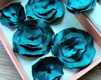 6pcs turquoise satin flowers applique dress, headband. Handmade fabric rose for embellish, vintage wedding pack diy patch sew on clothes