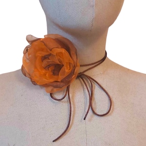 Orange rosette choker necklace layered, Handmade organza flower on cord, Fashion trend brown string collar, Women girls jewelry vintage gift
