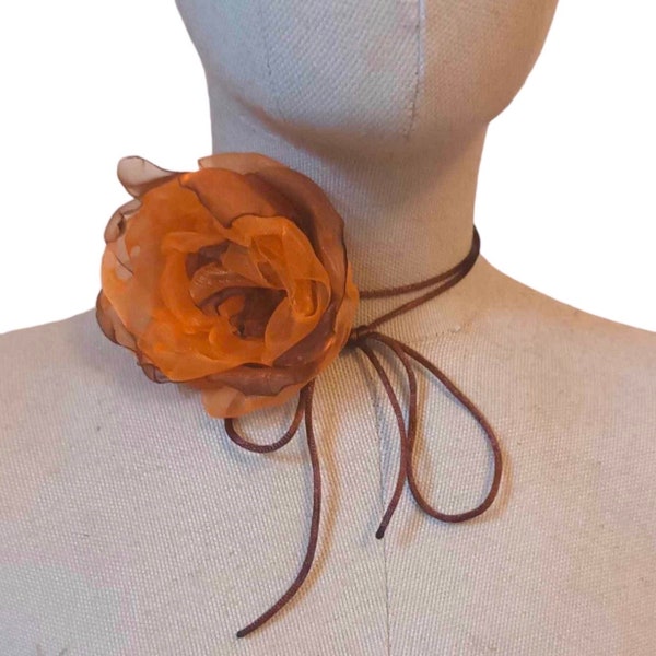 Orange rosette choker necklace layered, Handmade organza flower on cord, Fashion trend brown string collar, Women girls jewelry vintage gift