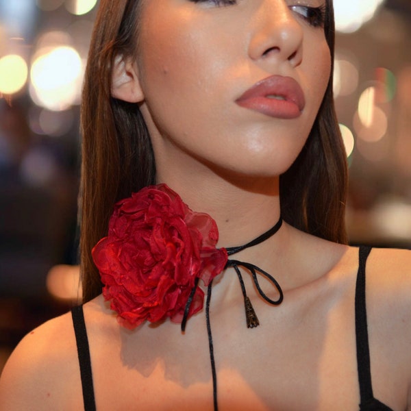 Burgundy Red Flower Choker Necklace, Handmade organza rose strip cord, Plus size wrap collar, Girlfriend Women gift, Boho vintage trend