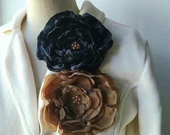 Oversized hazel brown navy blue flower brooch. Handmade large satin fabric brooch. Fashion big vintage peony. For Mother women boho wedding