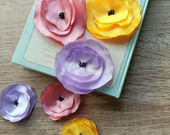 Mixed 6 pcs bundle pink yellow purple satin flowers applique. Handmade fabric rose for embellish, vintage wedding diy patch sew on clothes