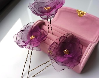 Set 3 hair pins, Plum purple sheer organza fabric tiny roses, Handmade small flowers pins, Women girl boho shabby wedding bridemaids fairy