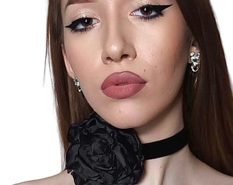 Oversized black flower velvet choker, Elegant satin rosette, 3/4” ribbon, Fashion necklace, Women girlfriend jewelry gift, Gothic retro boho