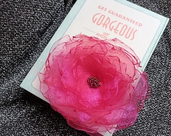 Magenta color peony flower brooch. Handmade organza large pink rose pin. Mother floral oversized brooch. vintage boho jewelry gift