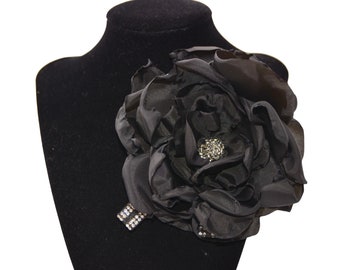 Classic style black flower brooch. Handmade large flower brooch small beads. Romantic big fabric rose brooch. For Mother women vintage gift