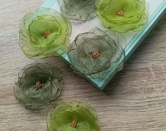 Set 3 flowers applique for dresses. Handmade embellish olive lime green organza fabric roses, vintage wedding pack diy patch sew on clothes