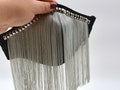 Silver fringe on black face mask/ fancy cute taffeta mask with 7” silky fringe and gray trim / fashion girls women teen party tassel product logo