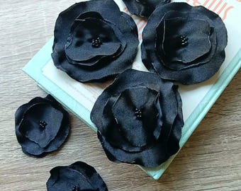 6 pcs black satin flowers applique dress, headband. Handmade fabric rose for embellish, vintage wedding pack diy patch sew on clothes
