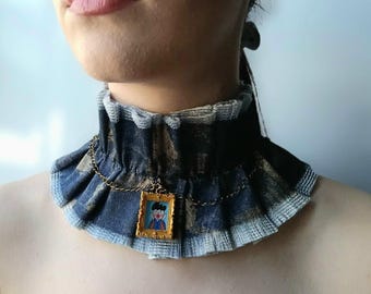 Ragged denim fabric pleated collar. Hilarious funny pendant ruffled jeans necklace choker. Theatre costume women cosplay worn victorian king