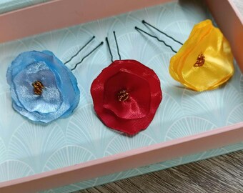 Set 3 mini hair pins, Red blue Yellow satin fabric tiny roses, Handmade small flowers pins, Women girl boho shabby wedding bridemaids fairy