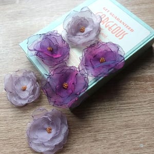 Set of 3 flowers applique dresses scrapbooking. Handmade embellish lilac purple organza peony, vintage wedding pack diy patch sew on clothes