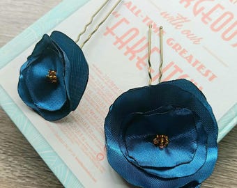 Satin fabric flower hair pins, Wedding blue purple rose hair pin, Handmade tiny small floral hair pin, women girl bridemaids prom fairy boho