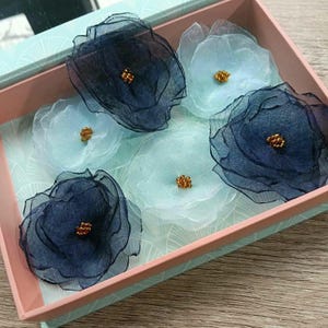 Set 3 flowers applique for dresses scrapbooking. Handmade embellish organza baby blue roses, vintage wedding bundle diy patch sew on clothes
