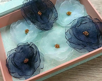 Set 3 flowers applique for dresses scrapbooking. Handmade embellish organza baby blue roses, vintage wedding bundle diy patch sew on clothes