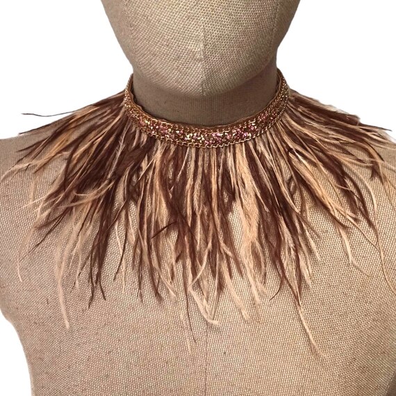Feathers Choker, Brown Beige Ostrich Feathers Collar