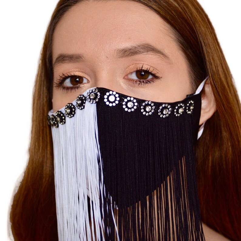 Half black and white face mask, Fashion taffeta cotton mask with fringe, Silky mask with split fringe Trend cover for girls women teen party image 2