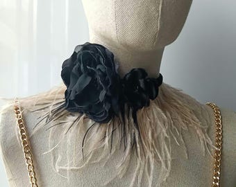 Romantic beige feathers and black flowers choker Women long fringe ostrich feathers collar necklace, Queen Victorian Lolita Cosplay parade