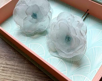 Set of 2 Organza flower hair pins, Delicate sky blue hair pins, Handmade tiny small roses pins, For women girl wedding bridemaids fairy boho