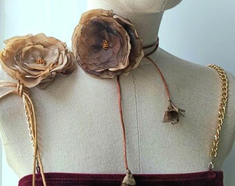 Flower choker necklace. Handmade silky fabric small rose wrap cords choker. Hazel brown Women floral fairy accesories. Vintage boho jewelry