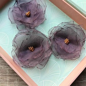 Bundle 3pcs flowers applique for dresses jacket, scrapbooking. Handmade organza purple set pack embellish set small roses diy patch sew on