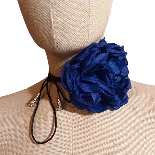 Royal blue Rose Choker Necklace, Handmade oversized Flower layered cord, Fashion trend black string wrap collar, For Women girlfriend gift