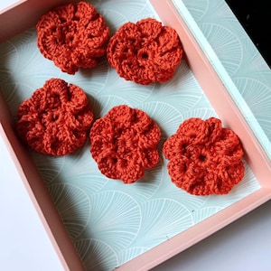 Set 5 crochet mini flowers applique for dress hat bag. Handmade coral red cotton roses, vintage wedding bundle diy patch sew on clothes