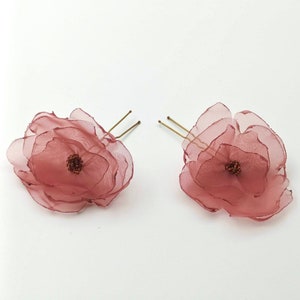 Two pieces hair pins, Set of 2 burned pink organza fabric flowers, Handmade tiny small ivory brown pins, For women girl wedding bridemaids