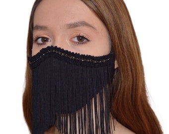 Luxury black fringe face mask, Fancy cute cotton fabric mask with 6” tassel fringe and small pearls trim, Fashion girls women teen party