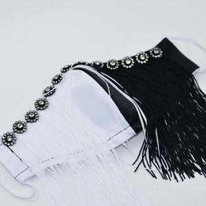 Half black and white face mask, Fashion taffeta cotton mask with fringe, Silky mask with split fringe Trend cover for girls women teen party image 3