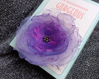 Ombre lilac purple peony flower brooch. Handmade holographic organza large rose brooch. Mother Women oversized brooch. Boho wedding jewelry
