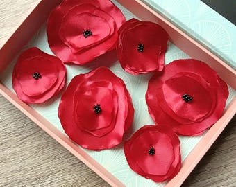 Bundle 6 pcs red satin flowers applique for dress, bag, jeans. Handmade fabric roses embellish vintage wedding pack diy patch sew on clothes