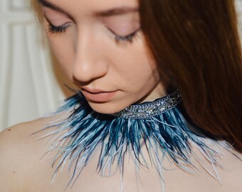 bib necklace online Fusion 3 colors feathers choker | white dark blue women collar| ostrich fringe feathers necklace | silver crystal rhinestone | adjustable