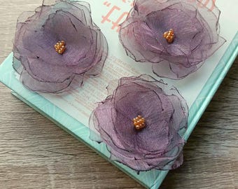 Purple organza 3pcs flowers applique for dresses jacket, scrapbooking. Handmade 3 pack embellish set small roses diy patch sew on clothes