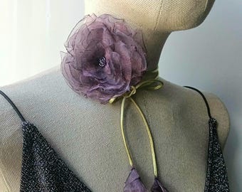Organza Flower choker necklace. Handmade small purple rose wrap cords choker. Women floral fairy accesories. Vintage wedding boho jewelry
