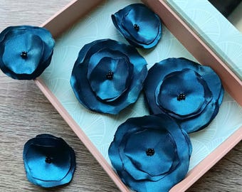 6 pcs deep blue satin flowers applique dress, headband. Handmade fabric rose for embellish, vintage wedding pack diy patch sew on clothes