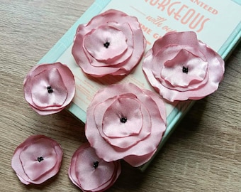 6pcs satin flowers applique dress, hairband, scrapbooking. Handmade fabric rose for embellish, vintage wedding pack diy patch sew on clothes