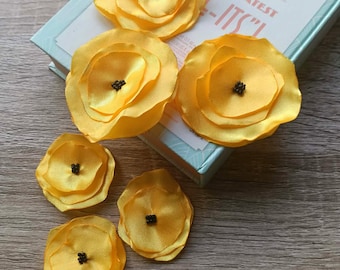 6 pcs yellow satin flowers applique for dress, bag, jeans. Handmade fabric rose for embellish, vintage wedding pack diy patch sew on clothes