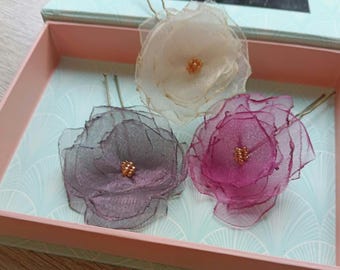 2pcs organza fabric flowers hair pins, Tiny nude pink magenta roses, Handmade small sparkling pins, Women girl boho wedding bridemaids fairy