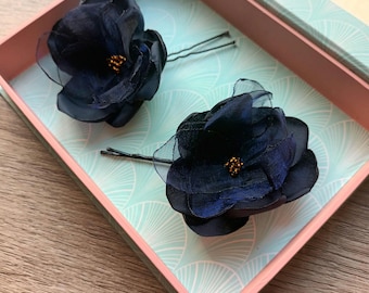 2 pcs Navy blue roses hair pins, Set of 2 satin fabric mini flowers, Handmade tiny small hair pins, Women girl wedding bridemaids fairy boho