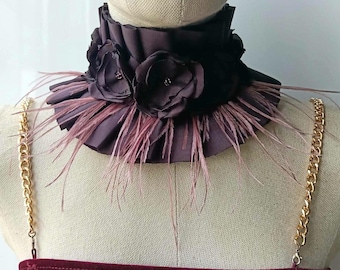 Dark chocolate Statement floral ruffled collar. Fabric neck choker. Brown amethyst roses and feathers pleated necklace. Burlesque victorian