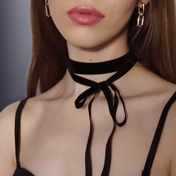 Bow Velvet Choker Necklace, Black long tie ribbons, For women girlfriend fashionable gift, Boho vintage gothic necktie scarf minimalist