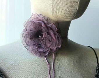 Light purple rose flower choker necklace layered, Vintage style, Handmade sheer organza peony wrap cord, Women girls boho wedding shabby