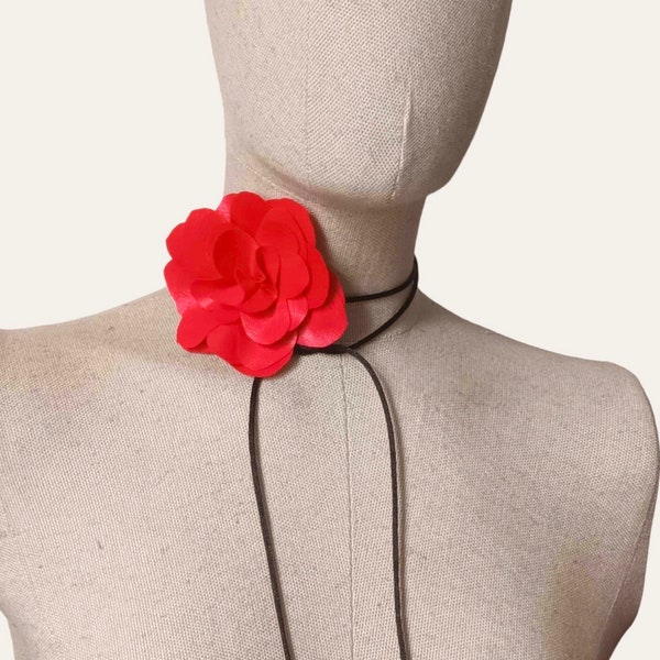Faux Leather Rose Choker Necklace, Handmade fashion trend red flower strip cord, Plus size women girlfriend wrap collar, Boho vintage style