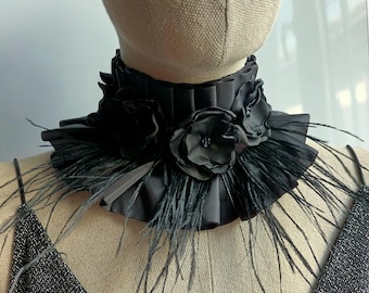 Statement floral ruffle collar. Black gothic handmade neck choker. Women rose feathers Costume pleated necklace. Burlesque cosplay victorian
