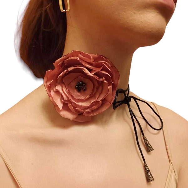 Romantic Rose Choker Necklace, Pink salmon satin flower on strip cord, Plus size handmade women girl wrap collar, Boho vintage trend