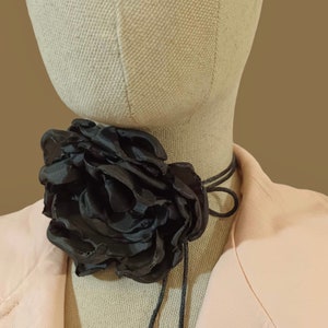 Oversized Black Flower Choker Necklace, Handmade satin Rose on strip cord, Wrap peony collar, Girls Women jewelry gift, Vintage Boho trend